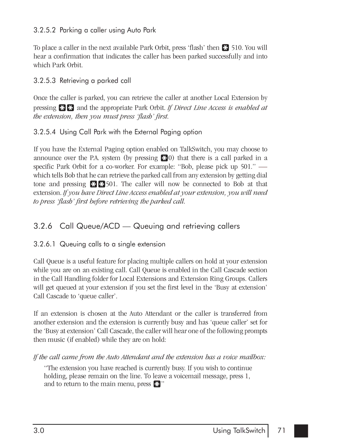 Talkswitch CTTS001021001 manual Call Queue/ACD Queuing and retrieving callers 