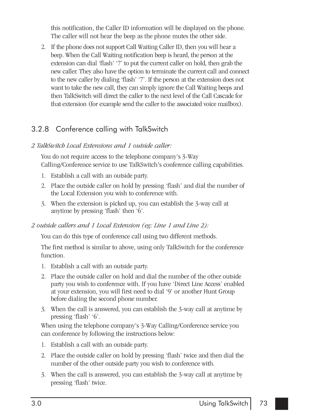 Talkswitch CTTS001021001 manual Conference calling with TalkSwitch, TalkSwitch Local Extensions and 1 outside caller 