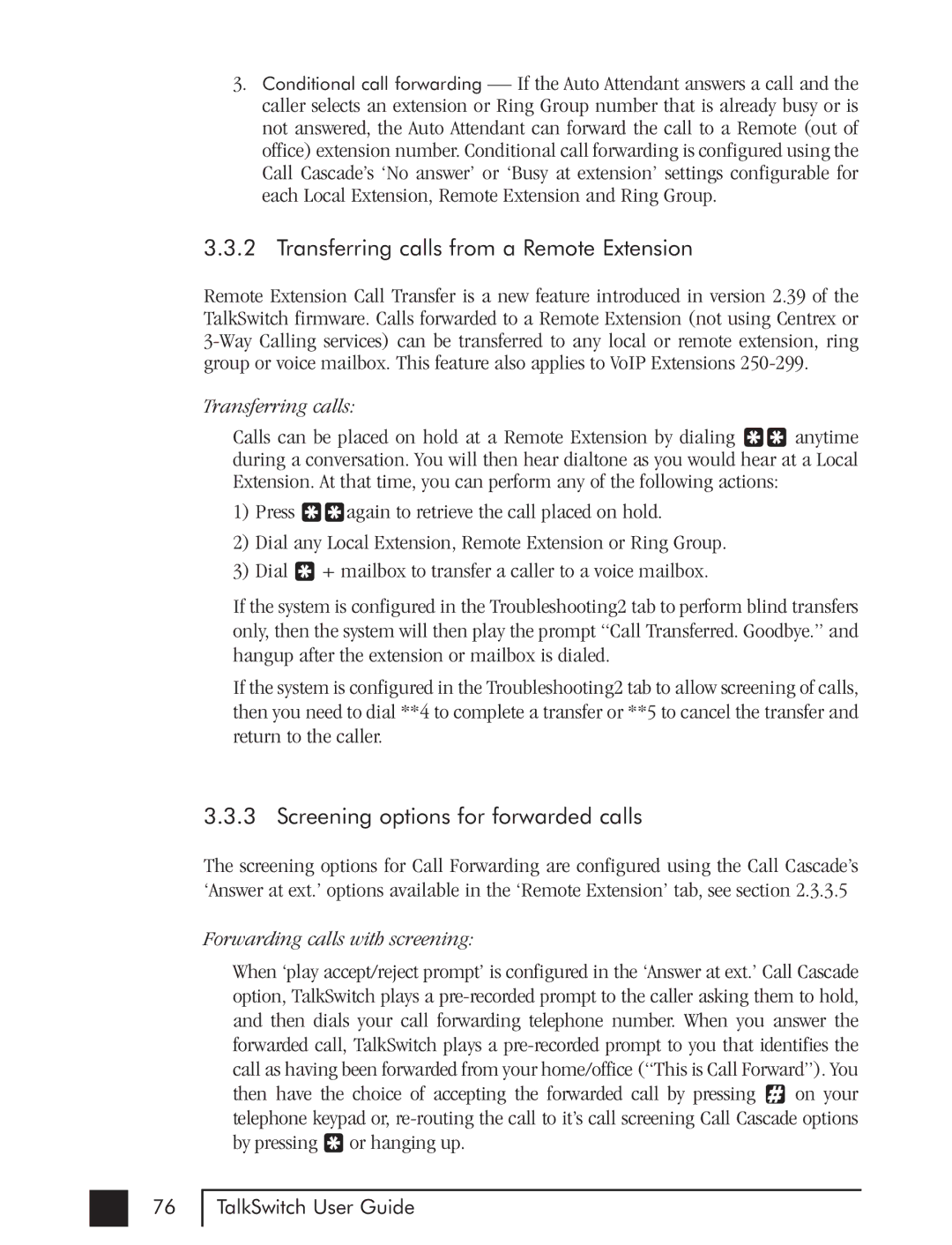 Talkswitch CTTS001021001 manual Transferring calls from a Remote Extension, Screening options for forwarded calls 