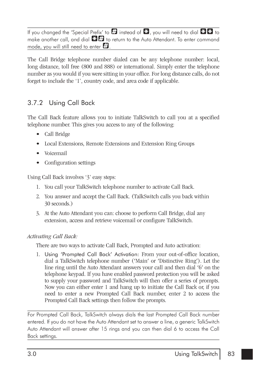 Talkswitch CTTS001021001 manual Using Call Back, Activating Call Back 