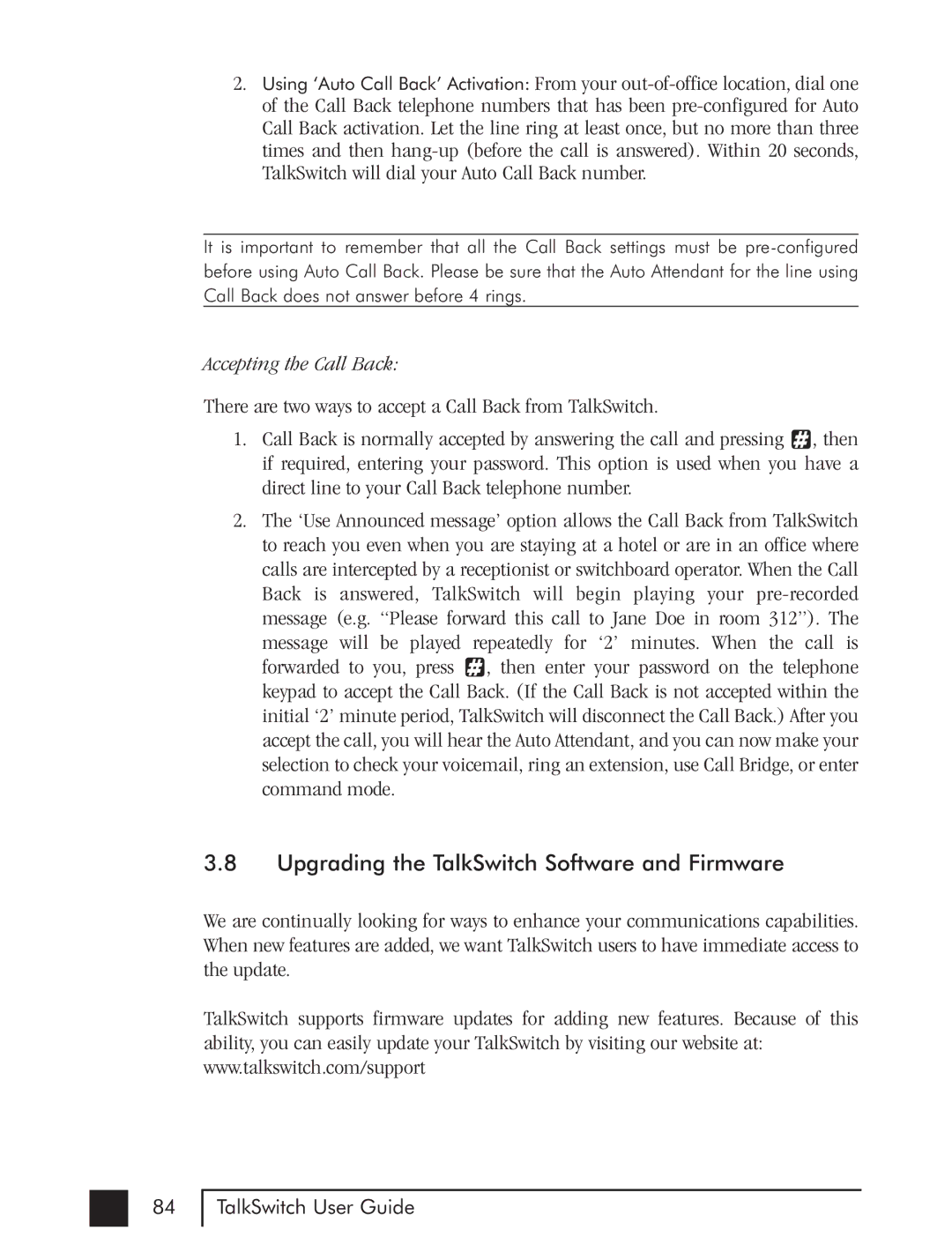 Talkswitch CTTS001021001 manual Upgrading the TalkSwitch Software and Firmware, Accepting the Call Back 