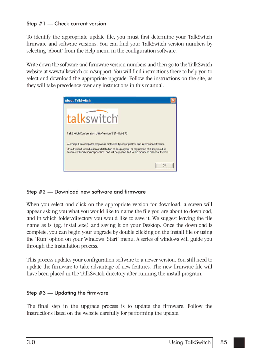 Talkswitch CTTS001021001 manual Step #1 Check current version 