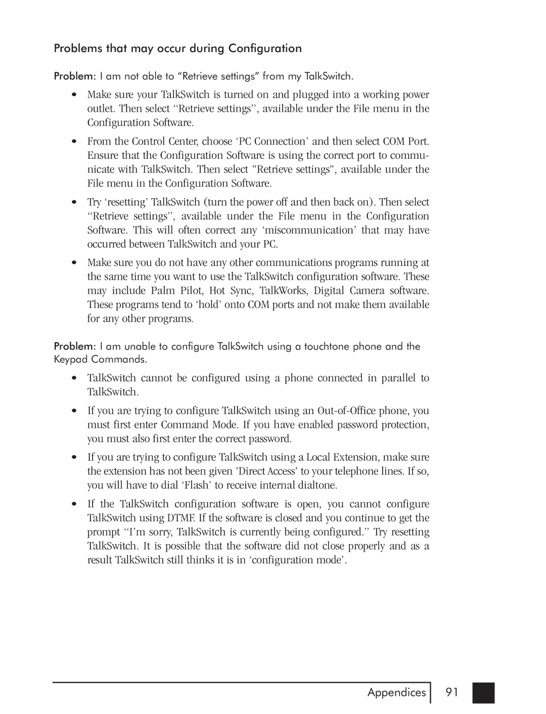 Talkswitch CTTS001021001 manual Problems that may occur during Configuration 