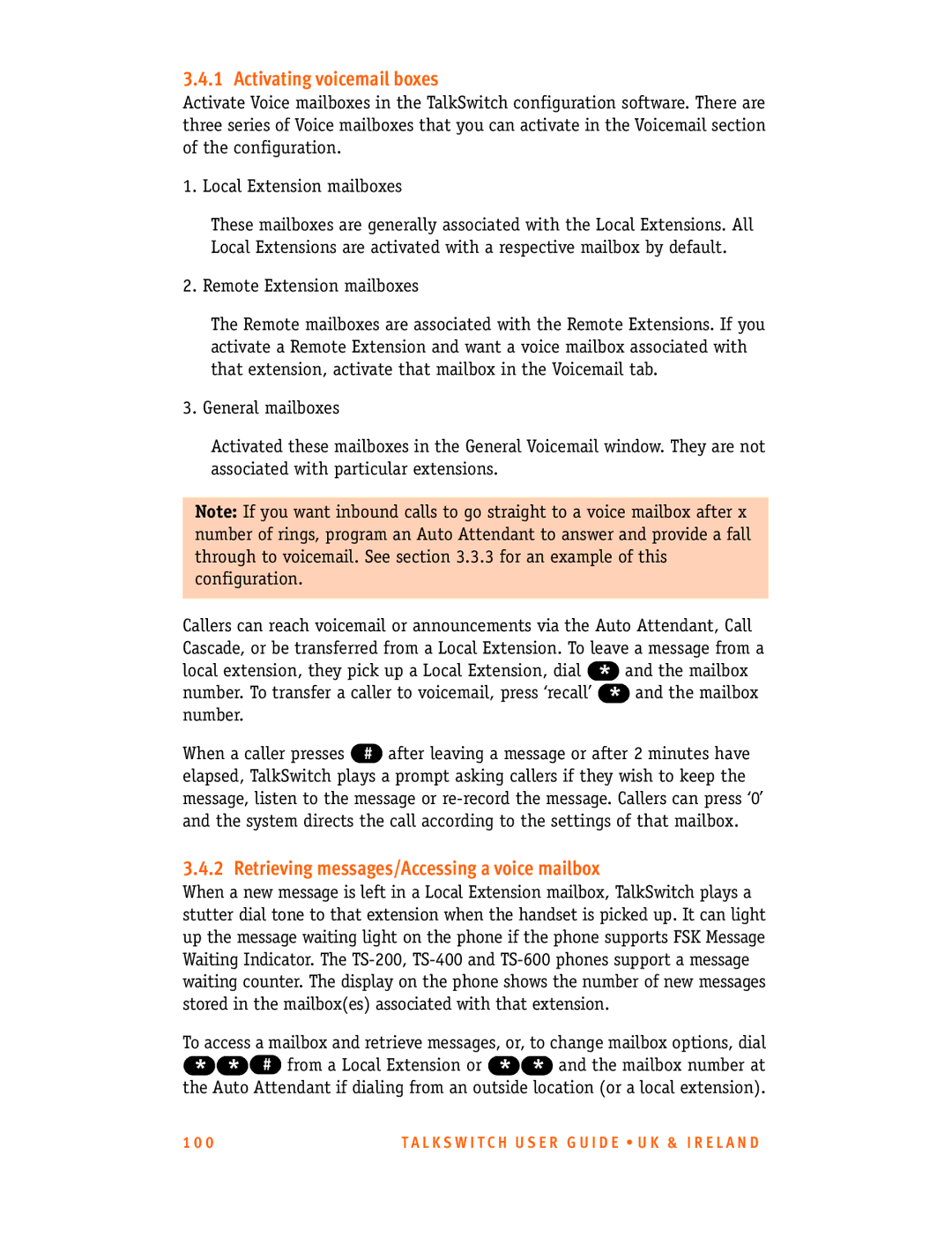 Talkswitch CT.TS005.001101.UK manual Activating voicemail boxes, Retrieving messages/Accessing a voice mailbox 