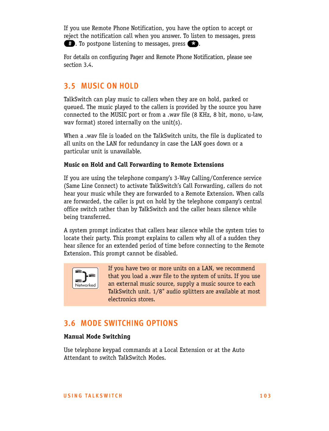 Talkswitch CT.TS005.001101.UK manual Music on Hold, Mode Switching Options, Manual Mode Switching 
