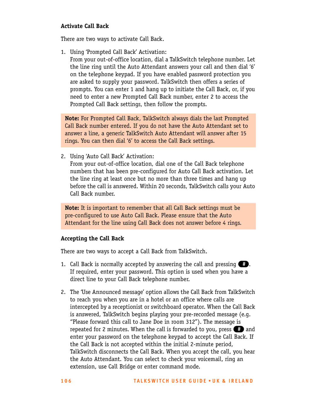 Talkswitch CT.TS005.001101.UK manual Activate Call Back, Accepting the Call Back 