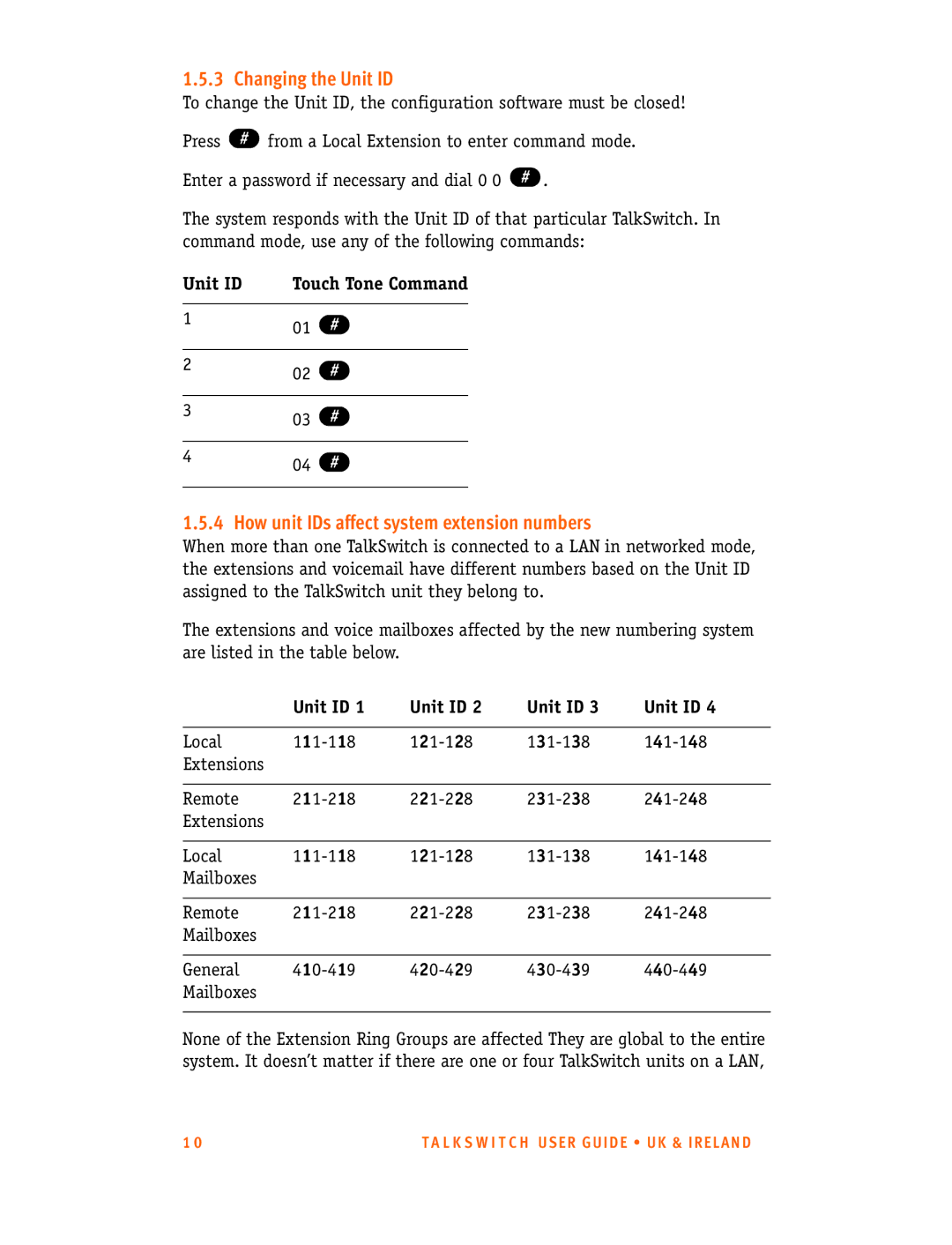 Talkswitch CT.TS005.001101.UK manual Changing the Unit ID, How unit IDs affect system extension numbers 