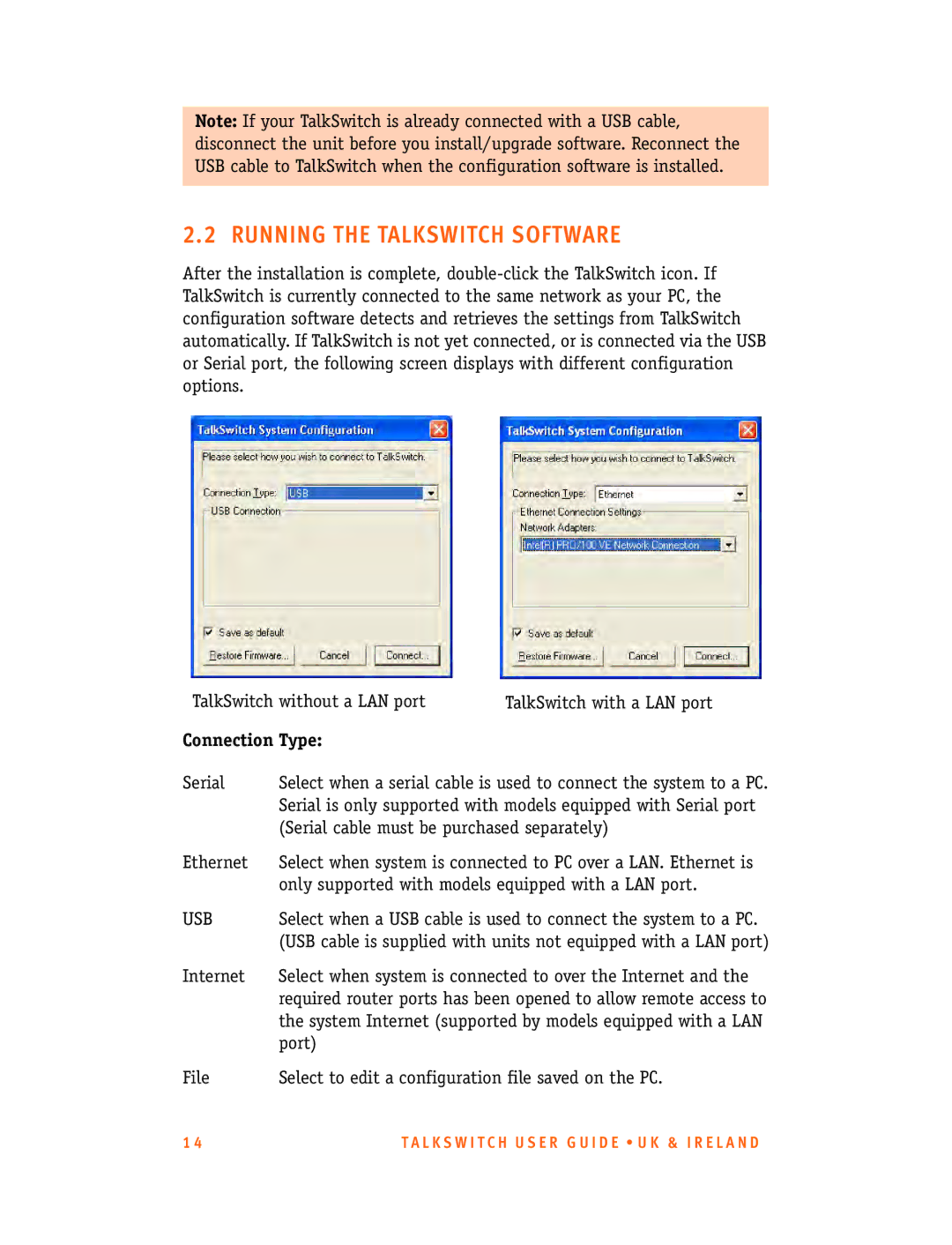 Talkswitch CT.TS005.001101.UK manual Running the Talkswitch Software, Connection Type 