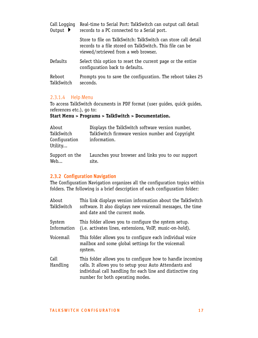 Talkswitch CT.TS005.001101.UK manual Help Menu, Configuration Navigation, Start Menu Programs TalkSwitch Documentation 