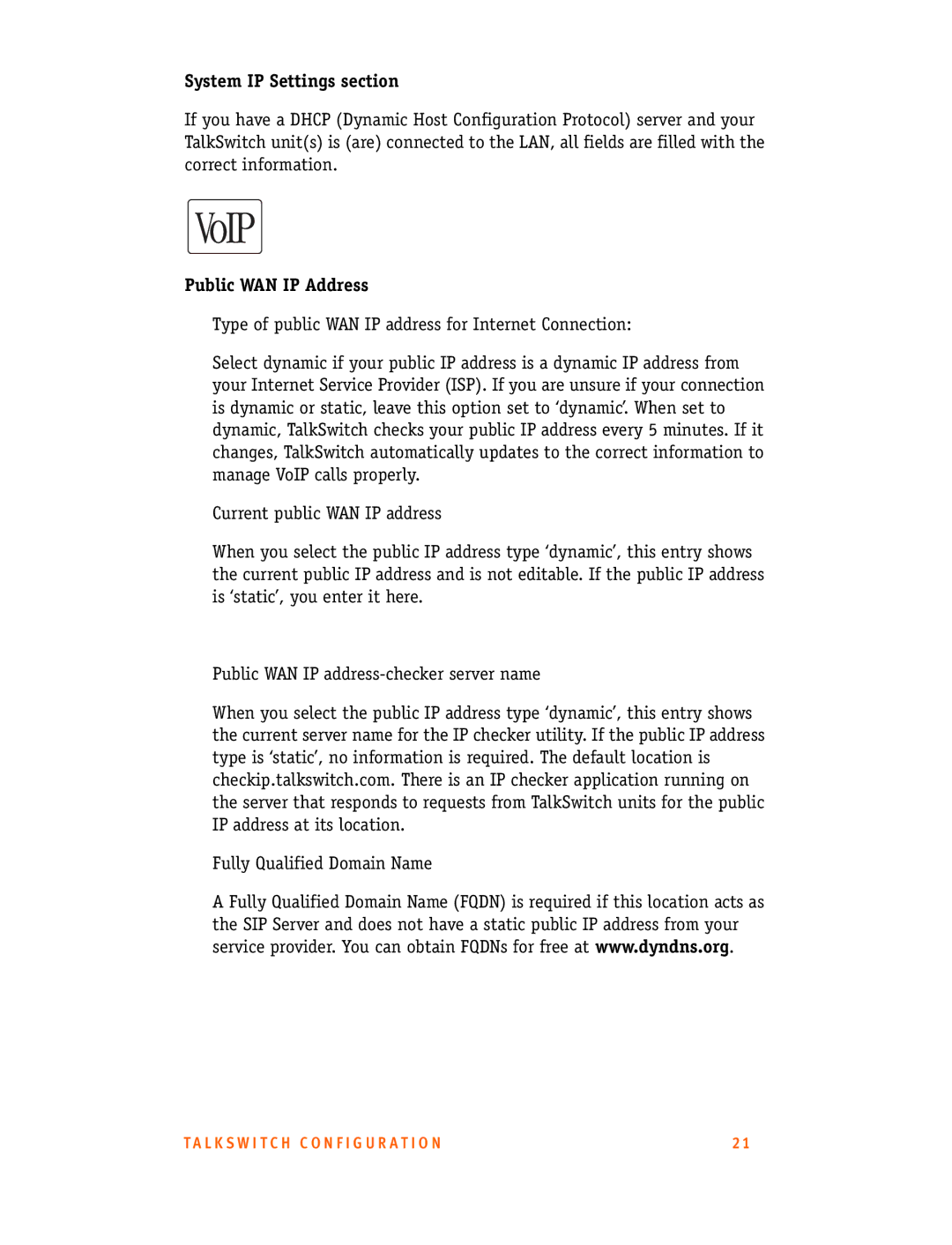 Talkswitch CT.TS005.001101.UK manual System IP Settings section, Public WAN IP Address 