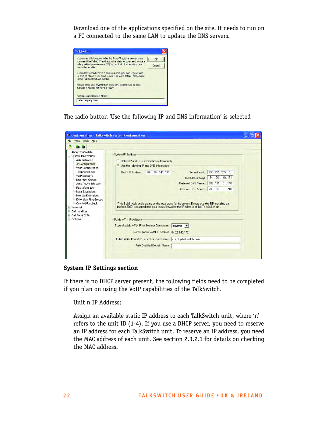 Talkswitch CT.TS005.001101.UK manual System IP Settings section 