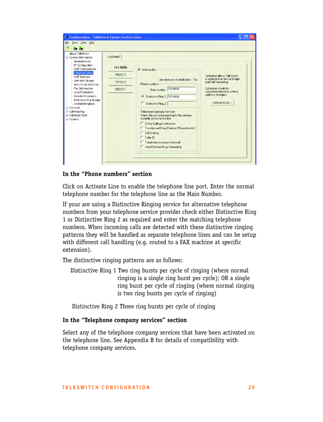 Talkswitch CT.TS005.001101.UK manual Phone numbers section, Telephone company services section 