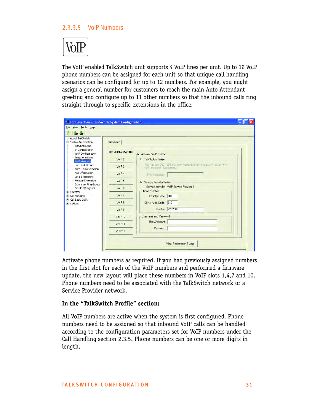 Talkswitch CT.TS005.001101.UK manual VoIP Numbers, TalkSwitch Profile section 