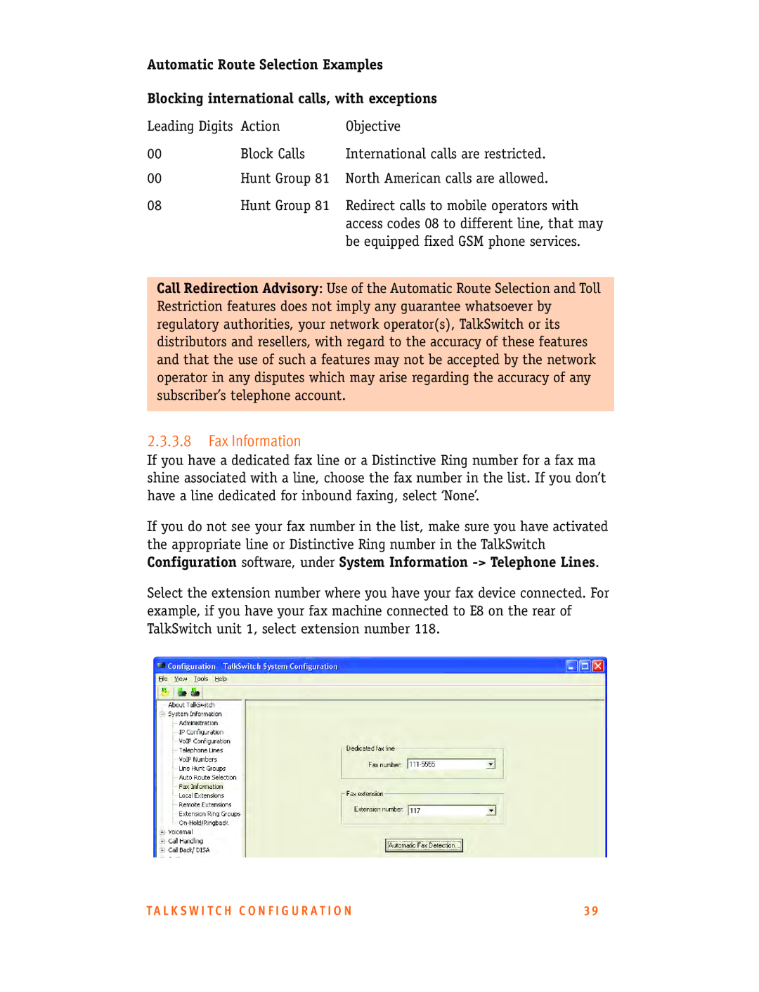 Talkswitch CT.TS005.001101.UK manual Fax Information 