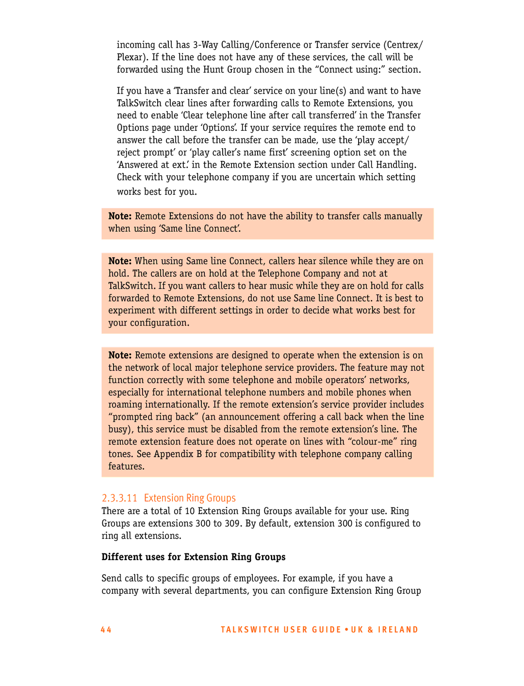 Talkswitch CT.TS005.001101.UK manual Different uses for Extension Ring Groups 
