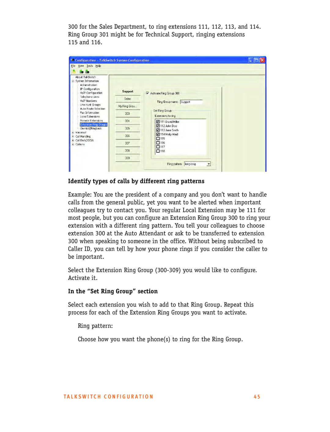 Talkswitch CT.TS005.001101.UK manual Identify types of calls by different ring patterns, Set Ring Group section 