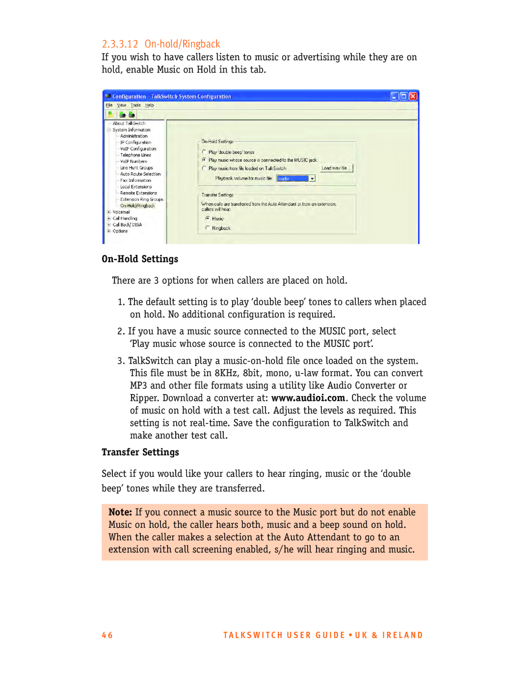 Talkswitch CT.TS005.001101.UK manual On-hold/Ringback, On-Hold Settings, Transfer Settings 