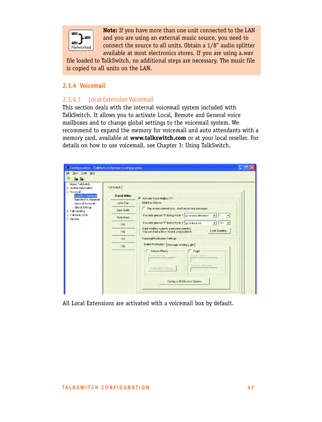 Talkswitch CT.TS005.001101.UK manual Local Extension Voicemail 