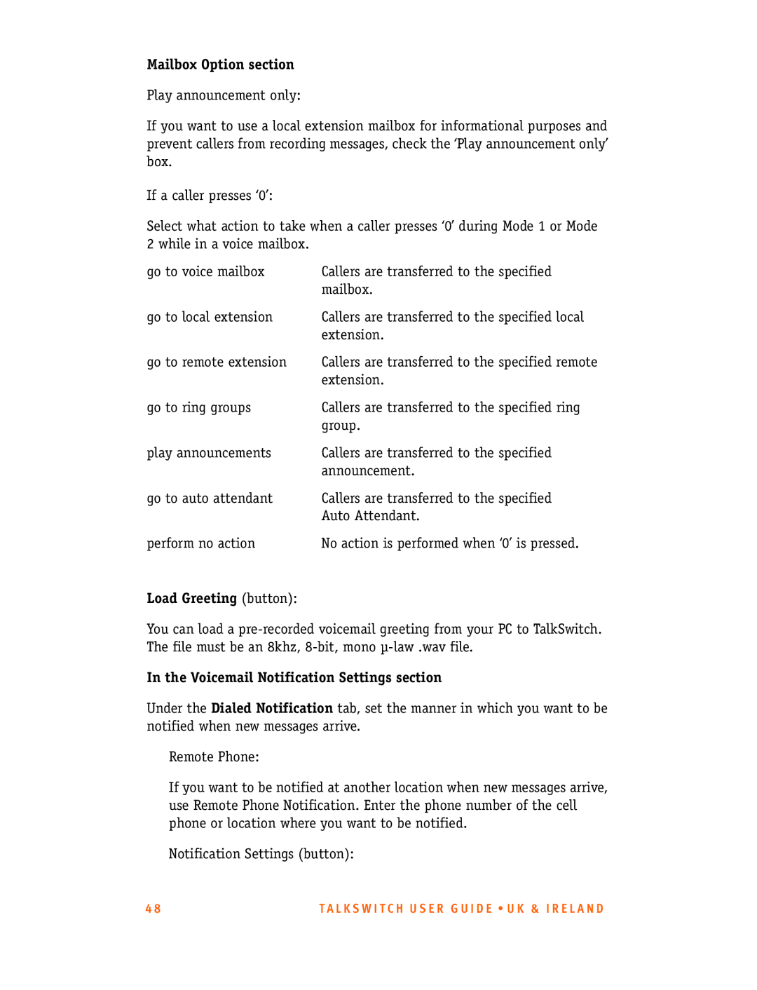 Talkswitch CT.TS005.001101.UK manual Mailbox Option section, Load Greeting button, Voicemail Notification Settings section 