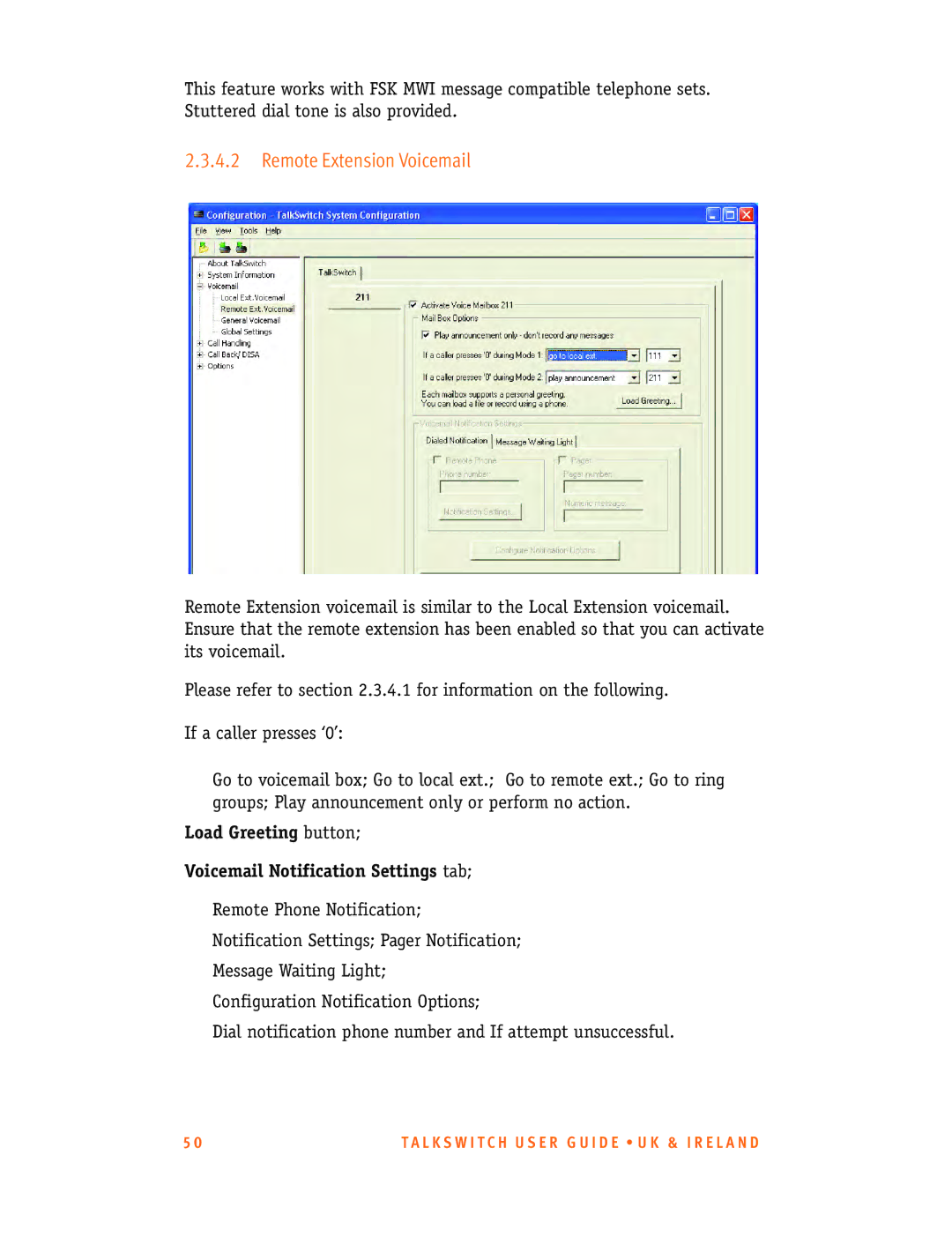 Talkswitch CT.TS005.001101.UK manual Remote Extension Voicemail, Load Greeting button Voicemail Notification Settings tab 