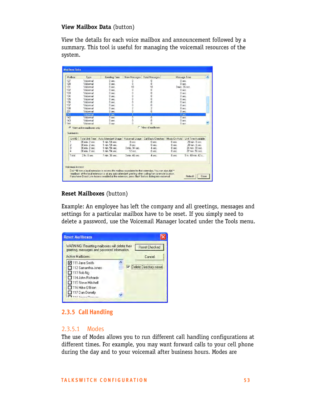 Talkswitch CT.TS005.001101.UK manual Call Handling, Modes, View Mailbox Data button, Reset Mailboxes button 