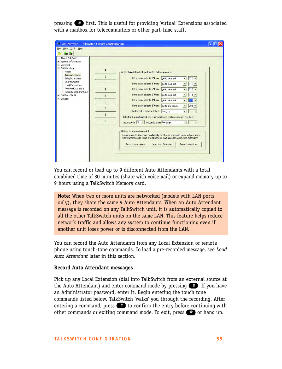 Talkswitch CT.TS005.001101.UK manual Record Auto Attendant messages 