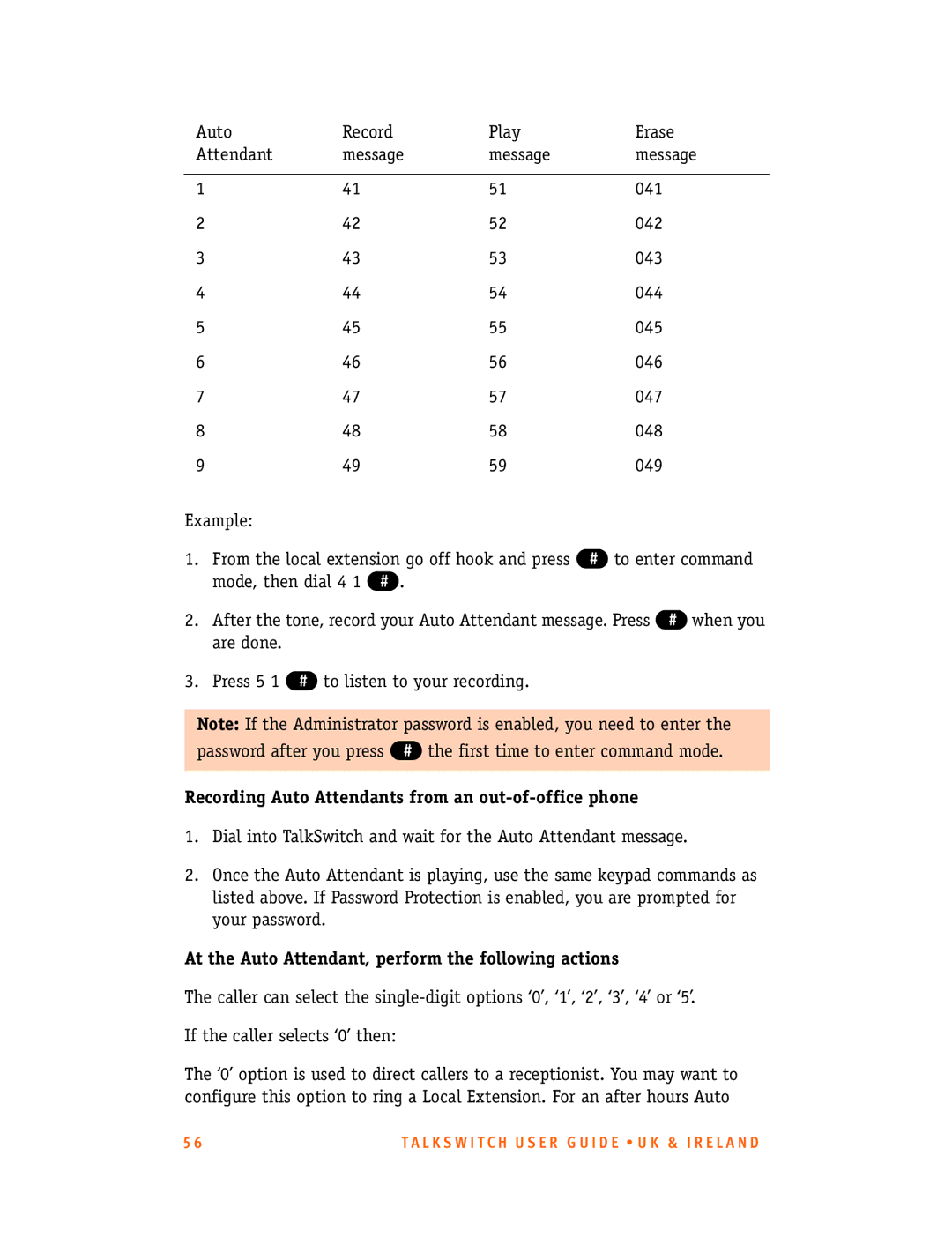 Talkswitch CT.TS005.001101.UK manual Recording Auto Attendants from an out-of-office phone 