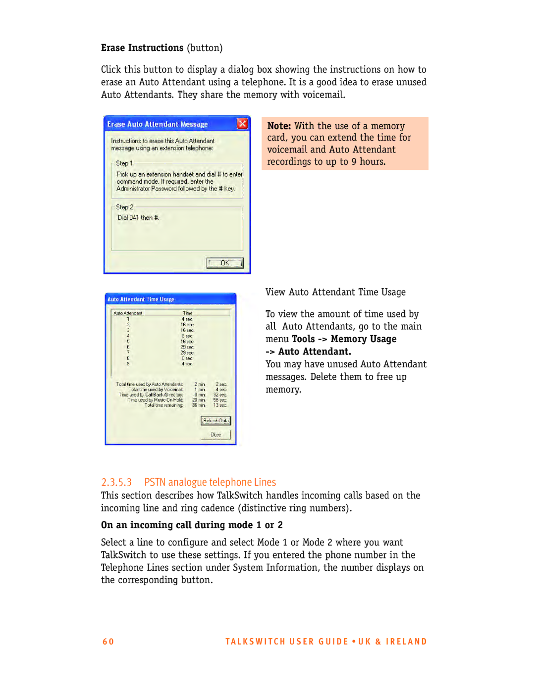 Talkswitch CT.TS005.001101.UK manual Erase Instructions button, Auto Attendant, On an incoming call during mode 1 or 