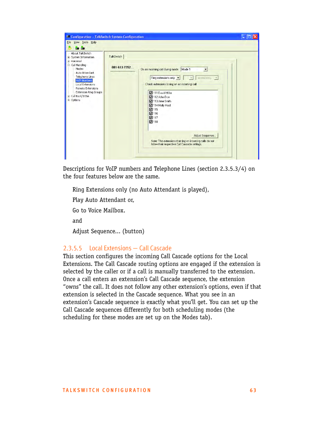 Talkswitch CT.TS005.001101.UK manual Local Extensions Call Cascade 