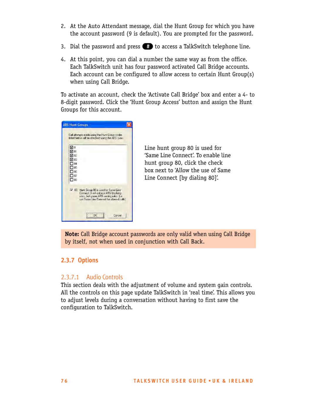 Talkswitch CT.TS005.001101.UK manual Options, Audio Controls 