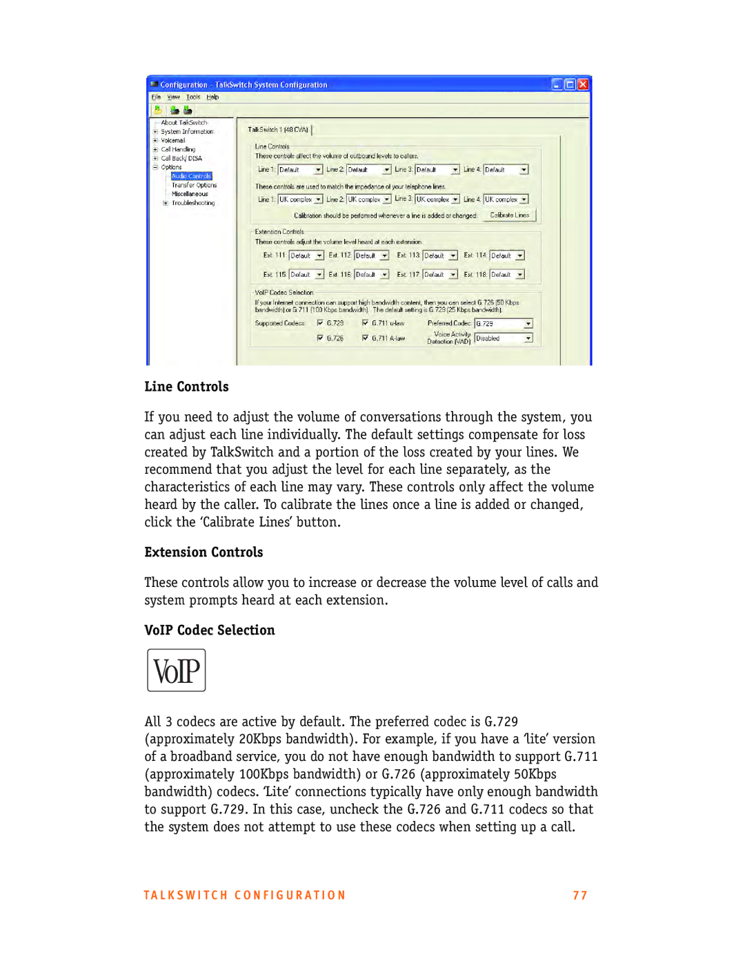 Talkswitch CT.TS005.001101.UK manual Line Controls, Extension Controls, VoIP Codec Selection 