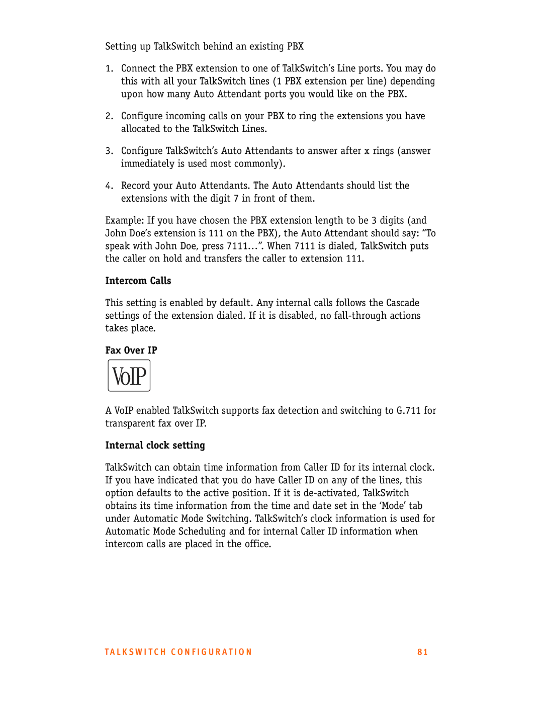 Talkswitch CT.TS005.001101.UK manual Intercom Calls, Fax Over IP, Internal clock setting 