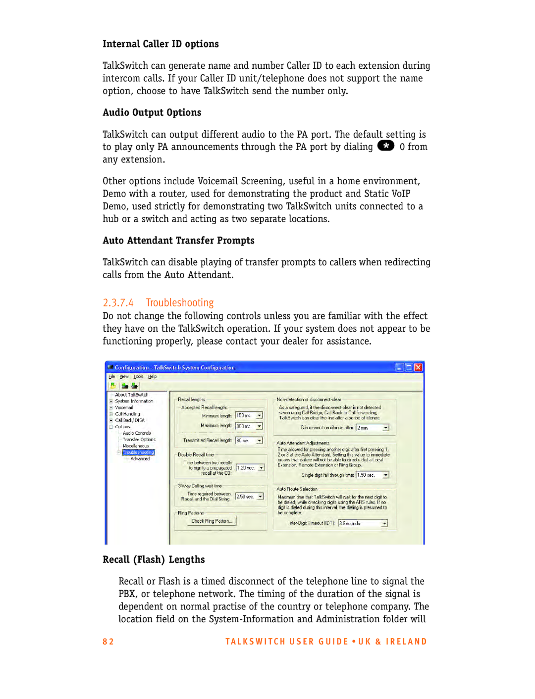 Talkswitch CT.TS005.001101.UK Troubleshooting, Internal Caller ID options, Audio Output Options, Recall Flash Lengths 