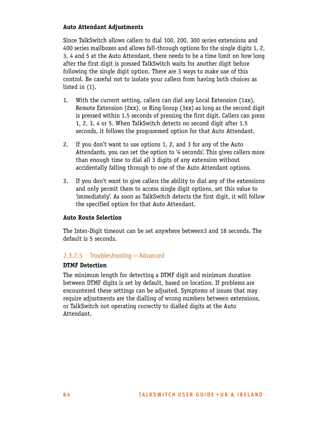 Talkswitch CT.TS005.001101.UK Troubleshooting Advanced, Auto Attendant Adjustments, Auto Route Selection, Dtmf Detection 