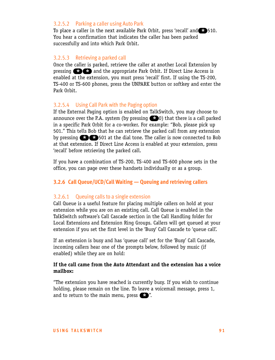 Talkswitch CT.TS005.001101.UK manual Parking a caller using Auto Park, Retrieving a parked call 