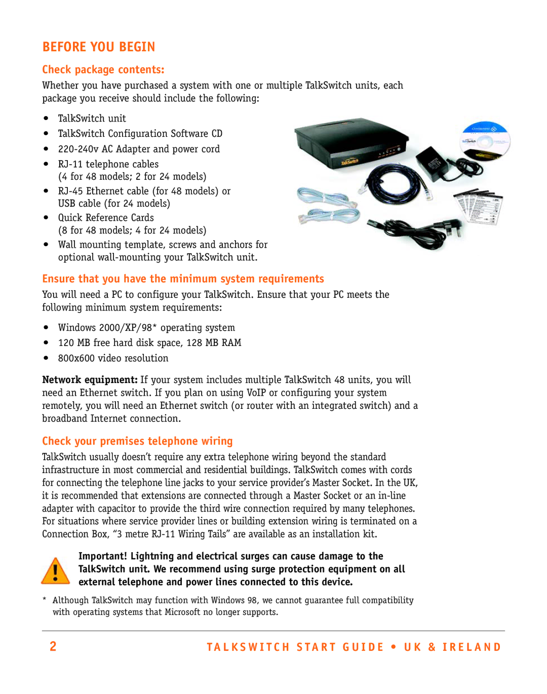 Talkswitch CT.TS005.002501.UK manual Before YOU Begin, Check package contents, Check your premises telephone wiring 