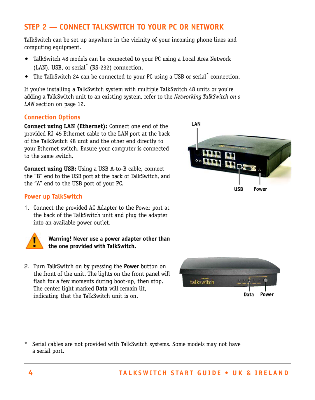 Talkswitch CT.TS005.002501.UK manual Connect Talkswitch to Your PC or Network, Connection Options, Power up TalkSwitch 