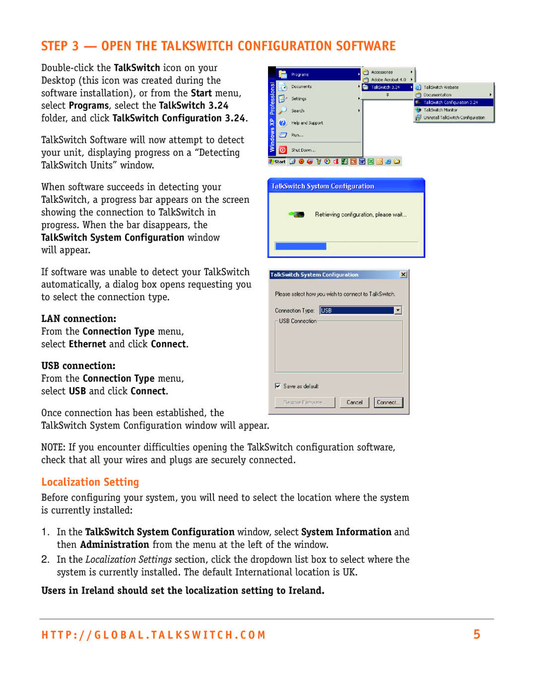 Talkswitch CT.TS005.002501.UK manual Open the Talkswitch Configuration Software, Localization Setting 