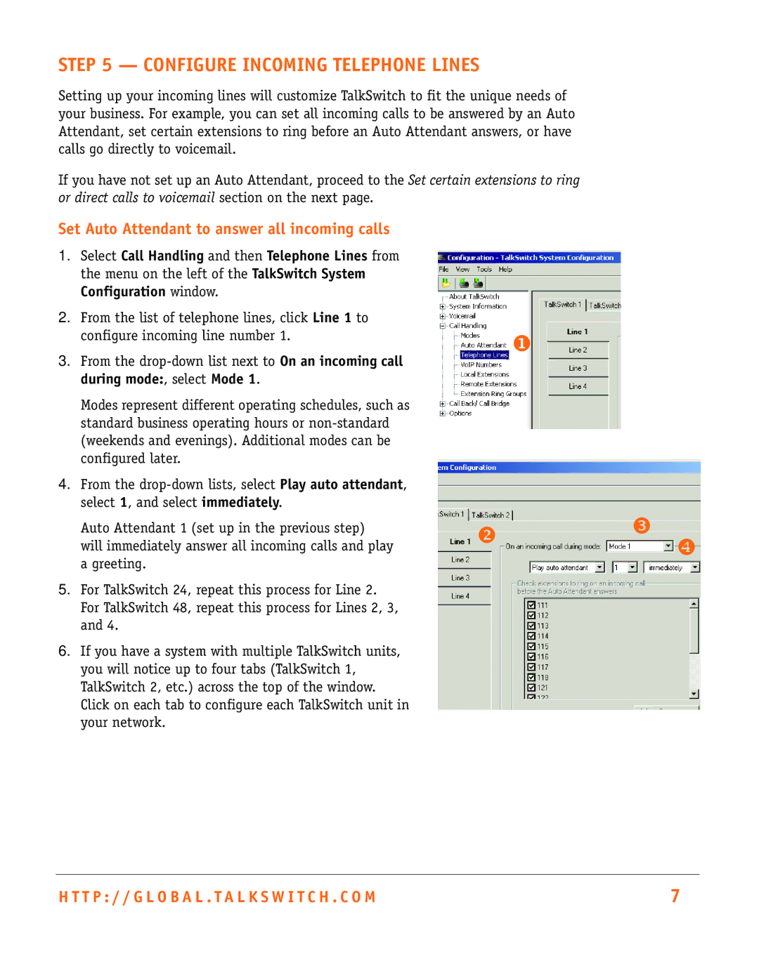 Talkswitch CT.TS005.002501.UK manual Configure Incoming Telephone Lines, Set Auto Attendant to answer all incoming calls 