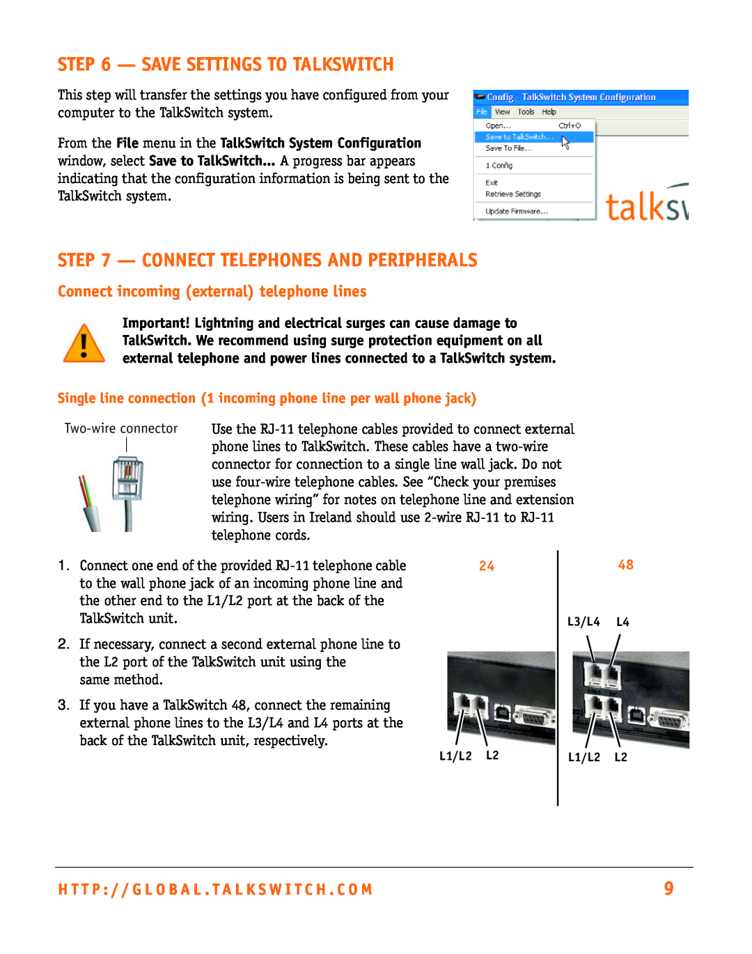 Talkswitch CT.TS005.002501.UK manual Save Settings To Talkswitch, Connect Telephones And Peripherals 