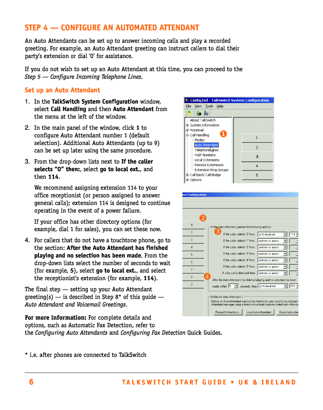Talkswitch CT.TS005.002501.UK manual X Y Z, Configure An Automated Attendant, Set up an Auto Attendant 