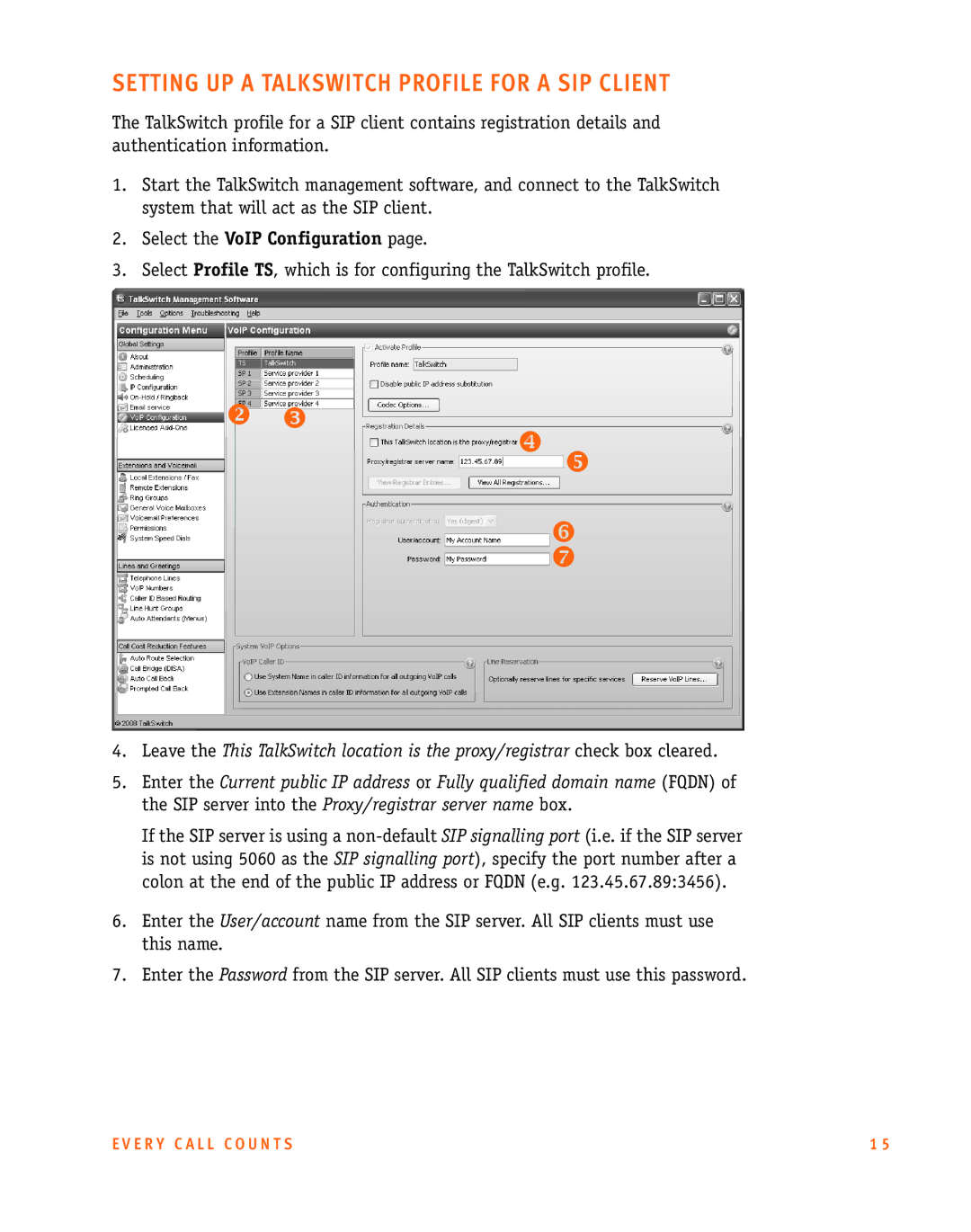 Talkswitch CT.TS005.002606 manual Setting UP a Talkswitch Profile for a SIP Client 