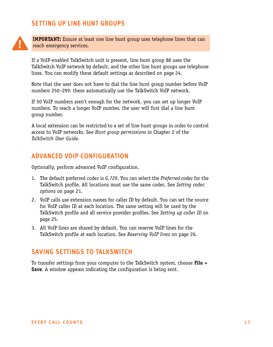 Talkswitch CT.TS005.002606 manual Setting UP Line Hunt Groups, Advanced Voip Configuration, Saving Settings to Talkswitch 