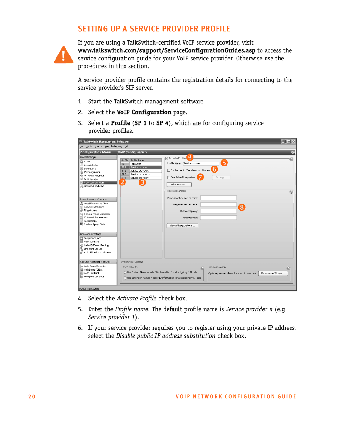 Talkswitch CT.TS005.002606 manual Setting UP a Service Provider Profile 