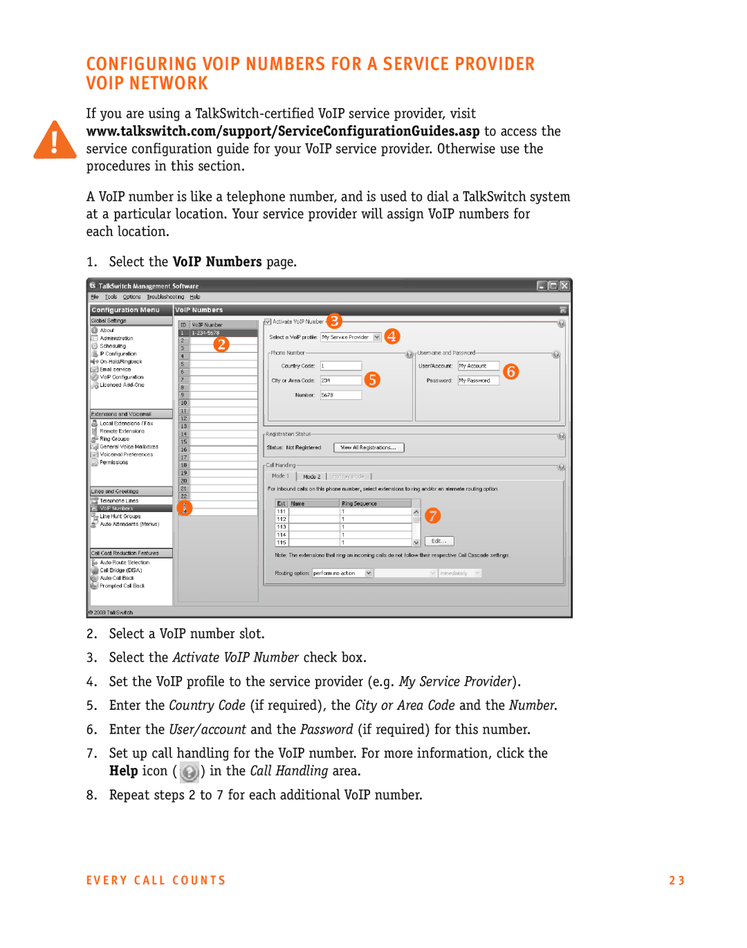 Talkswitch CT.TS005.002606 manual Configuring Voip Numbers for a Service Provider Voip Network 
