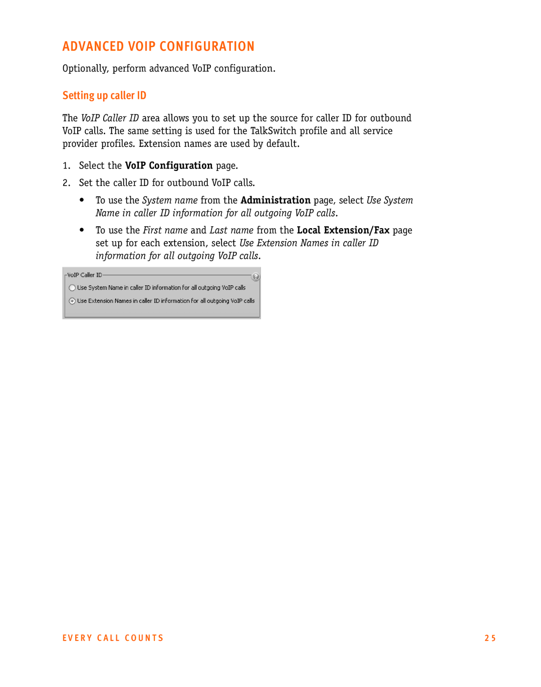 Talkswitch CT.TS005.002606 manual Advanced Voip Configuration, Setting up caller ID 