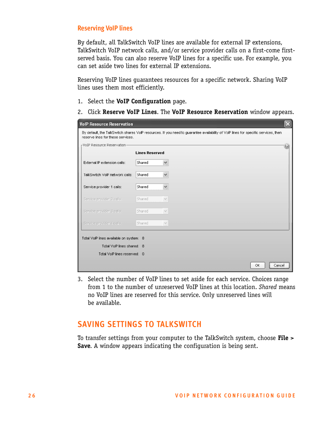 Talkswitch CT.TS005.002606 manual Saving Settings to Talkswitch, Reserving VoIP lines 