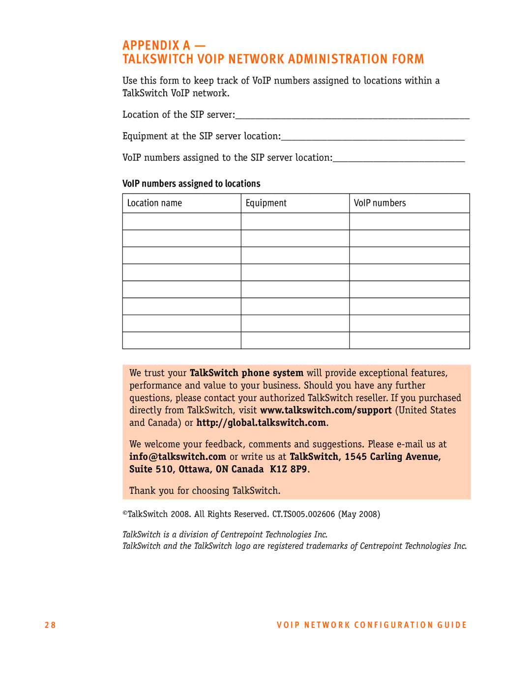 Talkswitch CT.TS005.002606 Appendix a Talkswitch Voip Network Administration Form, VoIP numbers assigned to locations 