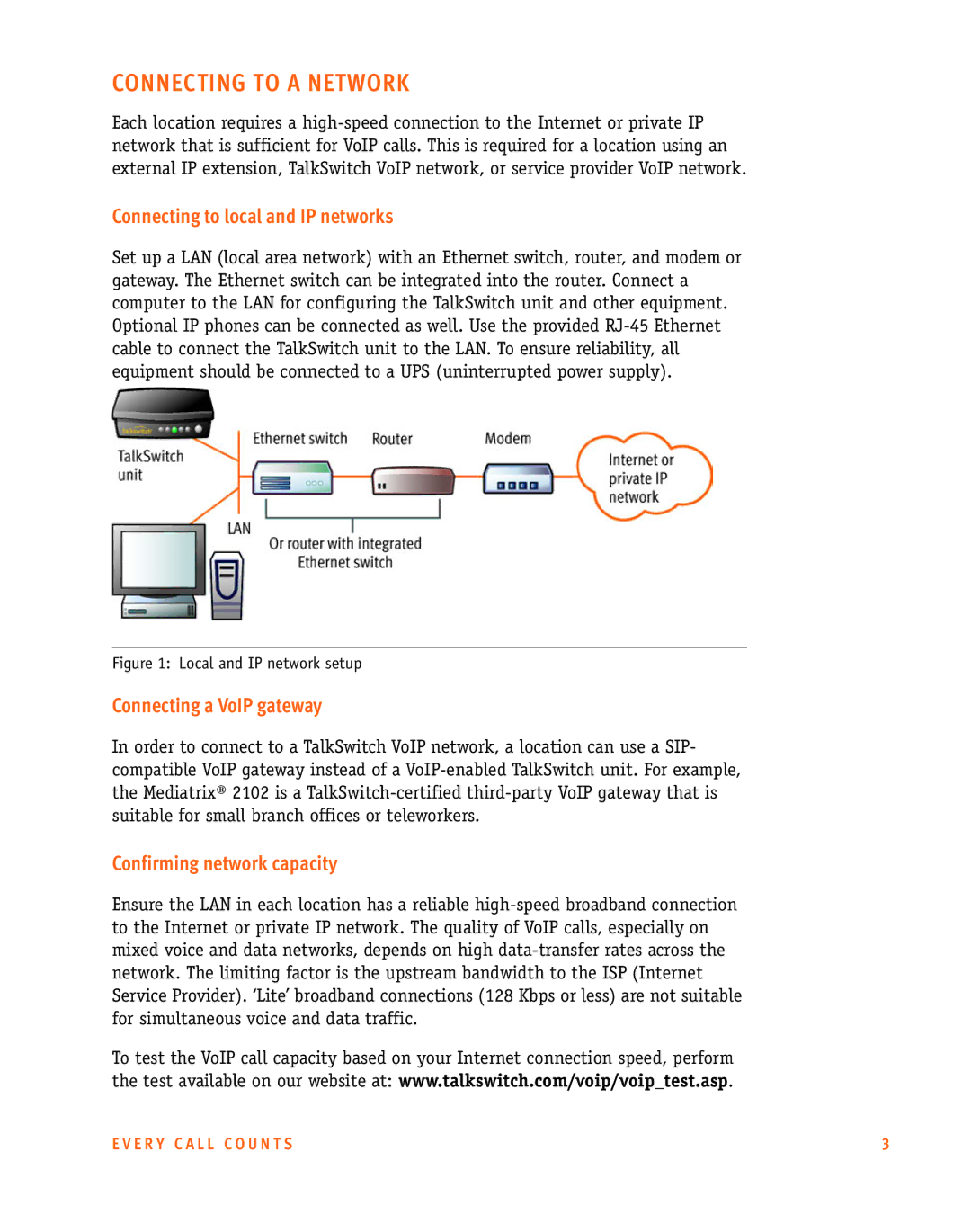 Talkswitch CT.TS005.002606 manual Connecting to a Network, Connecting to local and IP networks, Connecting a VoIP gateway 