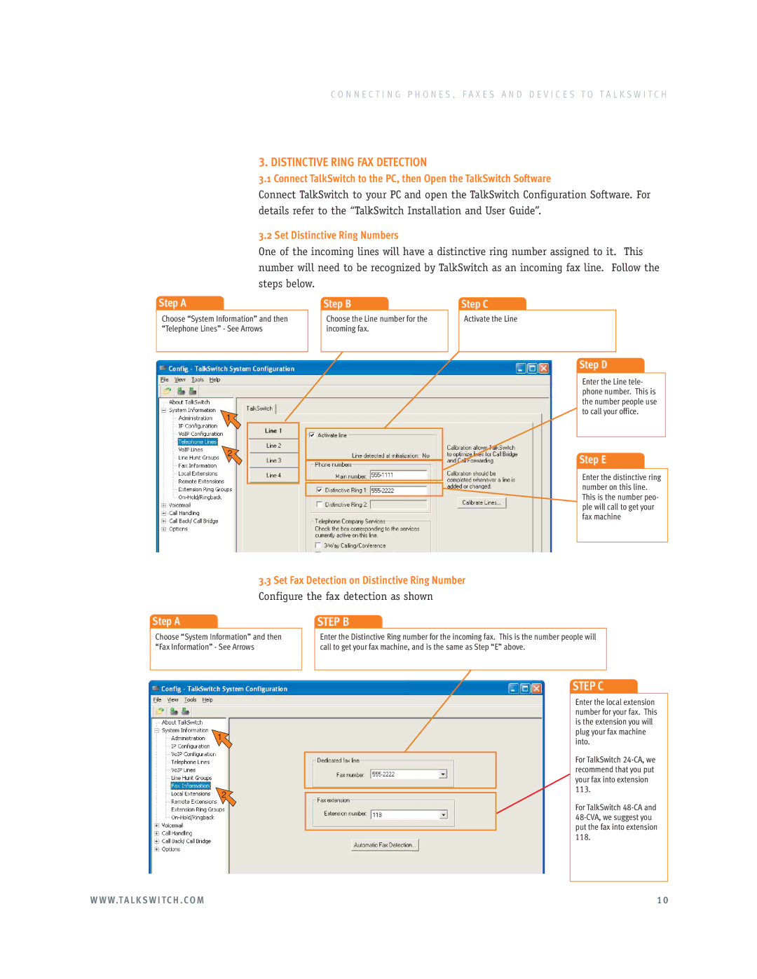 Talkswitch E3 Distinctive Ring FAX Detection, Set Distinctive Ring Numbers, Set Fax Detection on Distinctive Ring Number 